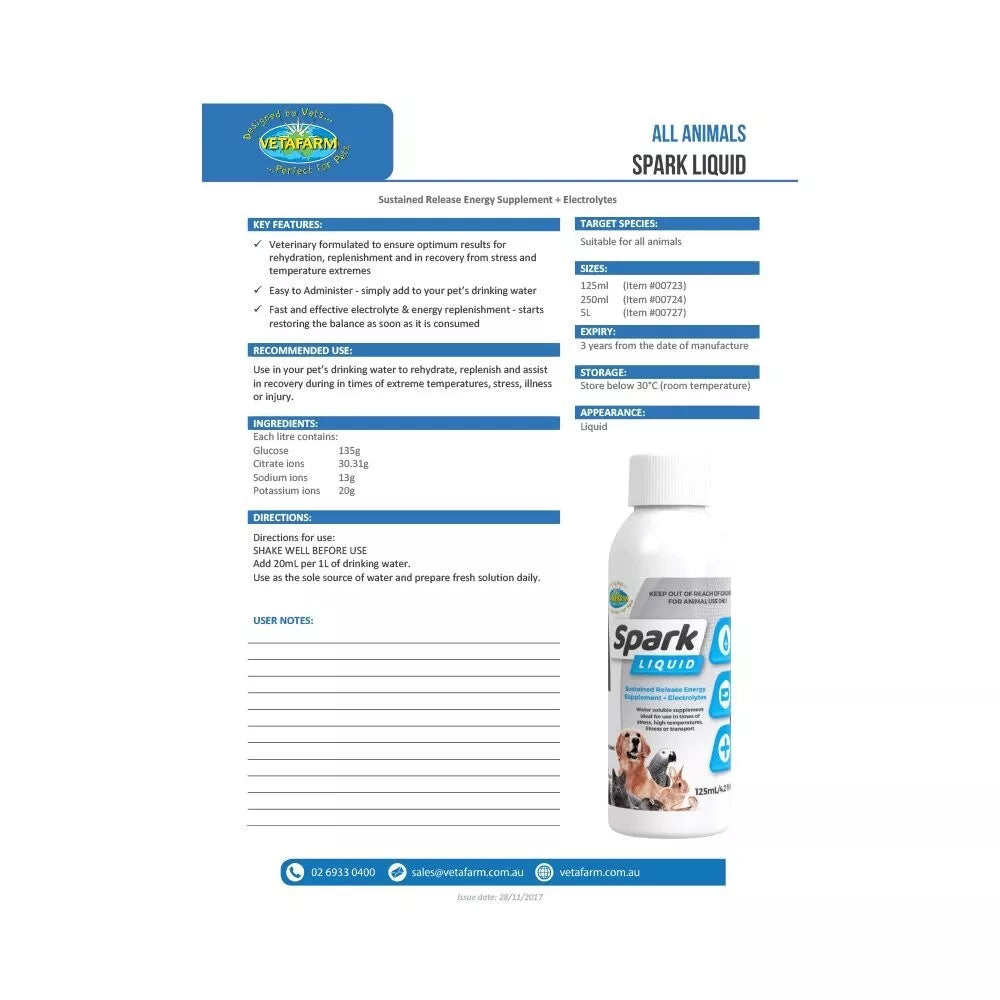 Vetafarm Spark Liquid Electrolytes and Energy Supplement 250ml